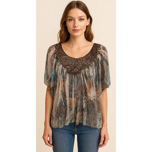 VTG Energe Blue Brown Top Crochet Flutter Sleeve Size XL Whimsigoth Dark Fairy